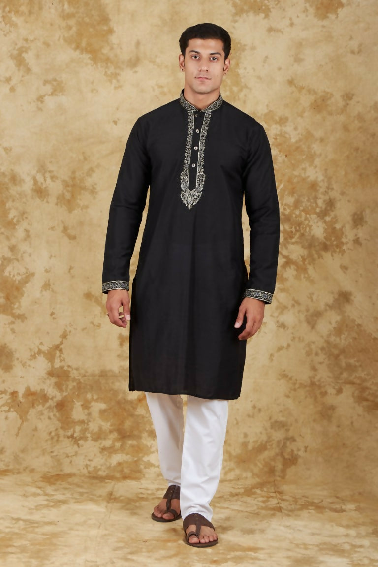 Bluesaanchi Men's Sunshine Handwoven Embroidered Black Kurta Set | Swadesiicart