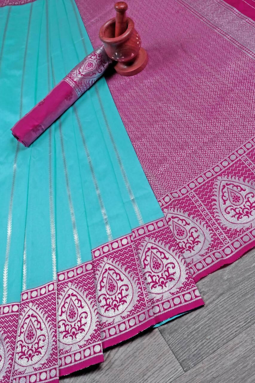 DEIANA'S Beautiful Designer Golden zari Soft Lichi Silk Saree - Blue - Swadesiicart