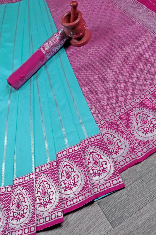 DEIANA'S Beautiful Designer Golden zari Soft Lichi Silk Saree - Blue - Swadesiicart