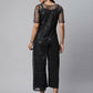 Ahalyaa Womens Black Crepe & Net Glitter Print Jumpsuit - Swadesiicart