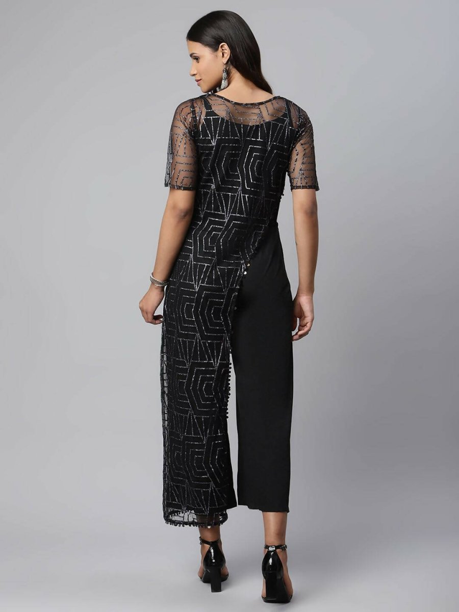 Ahalyaa Womens Black Crepe & Net Glitter Print Jumpsuit - Swadesiicart