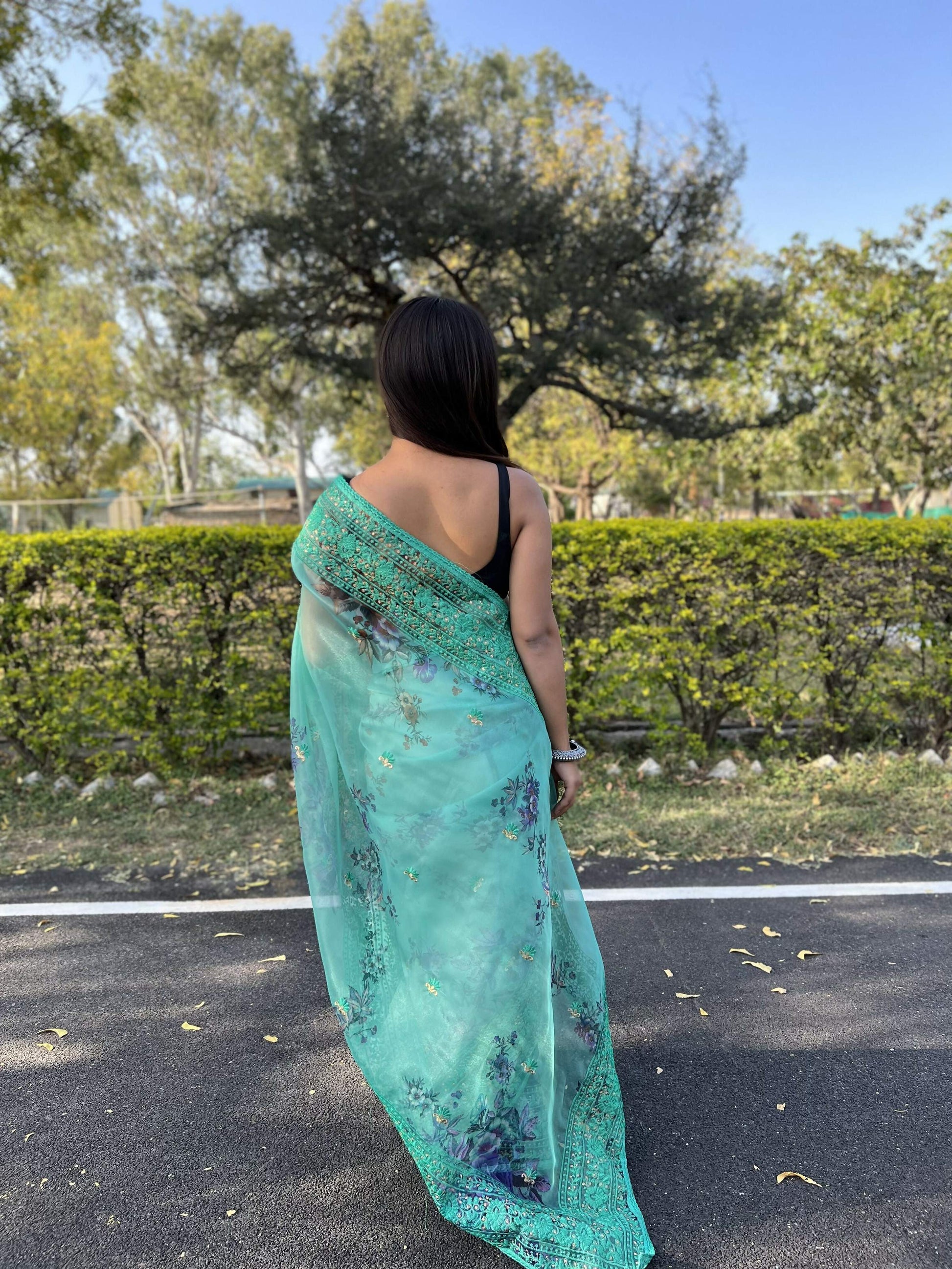 Vamsee Vidhi 1 Blue Organza Saree - Swadesiicart