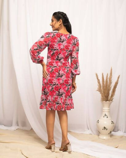 FIORRA Women's Red & Pink Georgette Floral Printed Western Dress - Swadesiicart