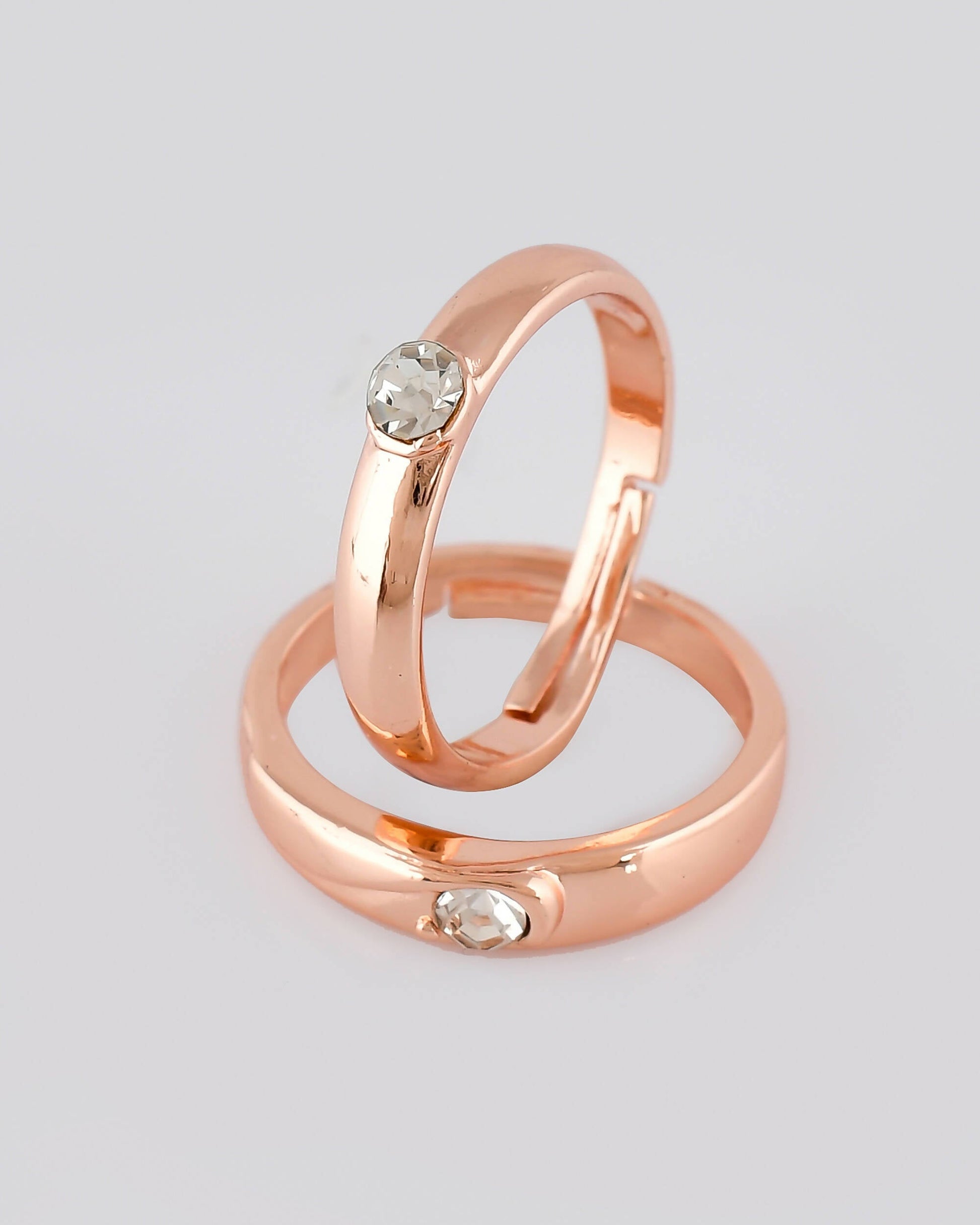 VOJ Stainless Steel Cubic Zirconia Rose Gold-Polished Adjustable Ring Set for Couple | Swadesiicart