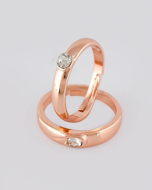 VOJ Stainless Steel Cubic Zirconia Rose Gold-Polished Adjustable Ring Set for Couple | Swadesiicart