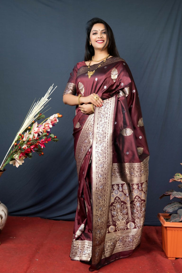 Jyoti Fashion Women's Brown Paithani Silk Zari Woven Saree with Blouse | Swadesiicart