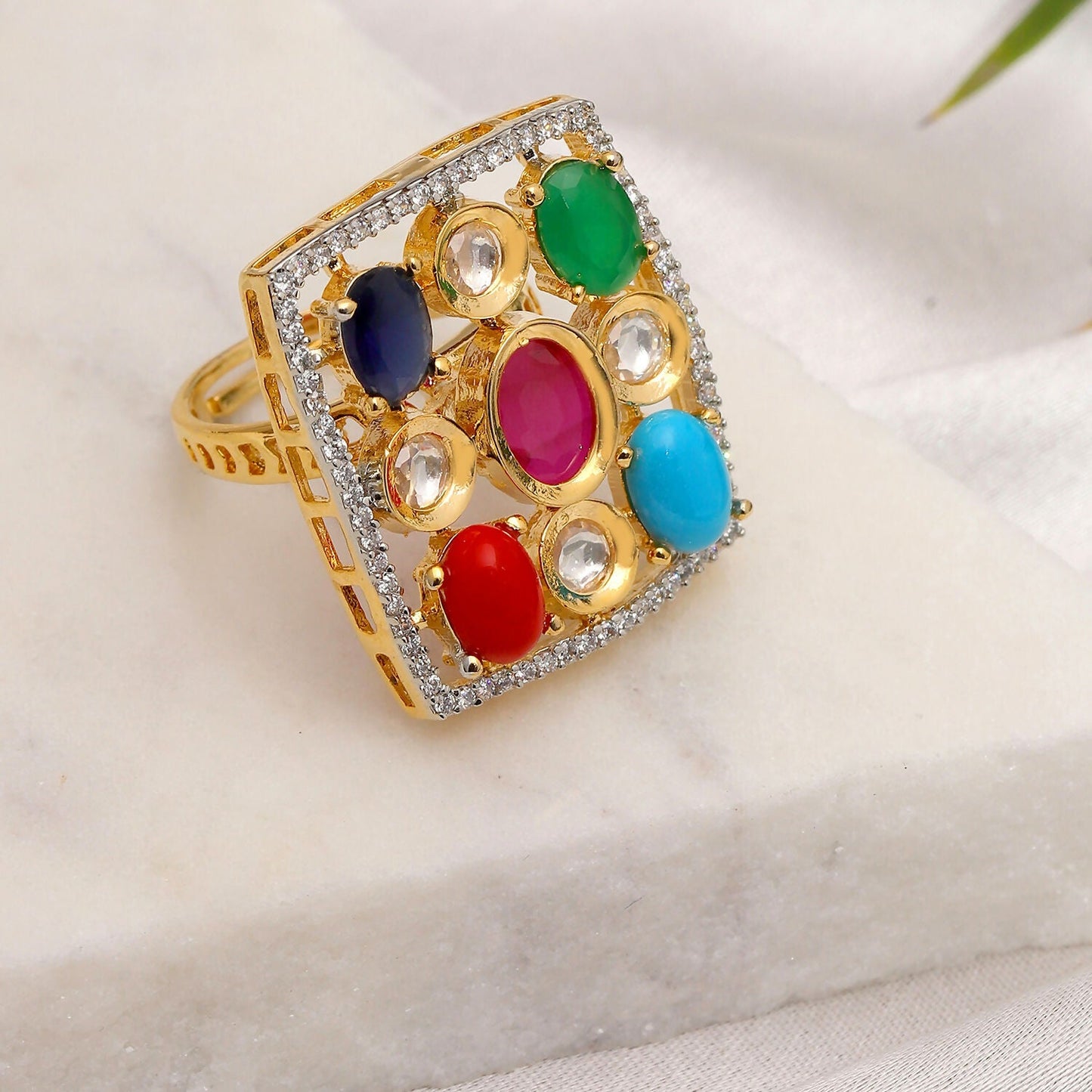 Navratan Kundan Ring (Multi Color) - Ruby Raang | Swadesiicart