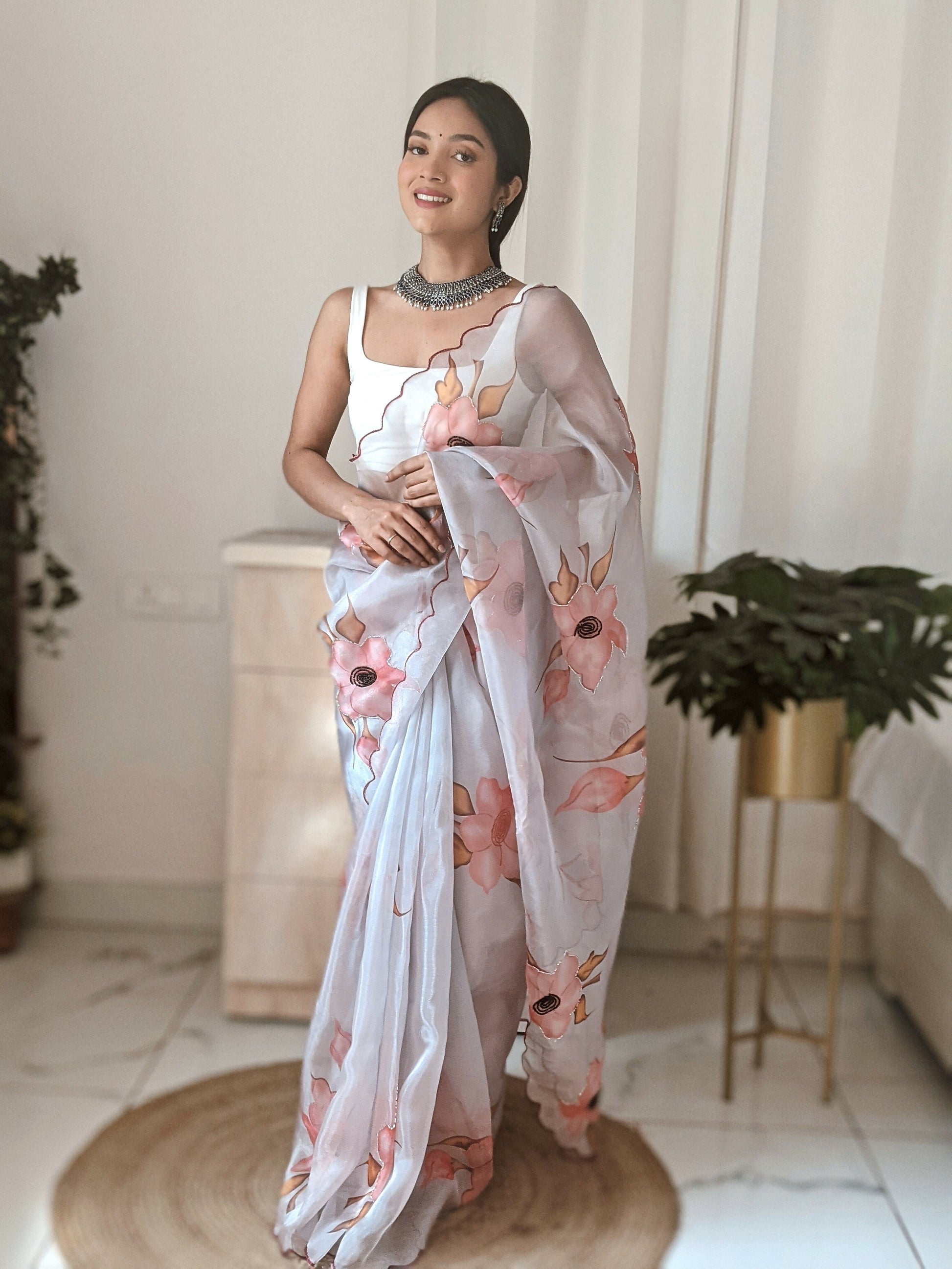 Vamsee Pinki Khatali Grey Organza Saree - Swadesiicart