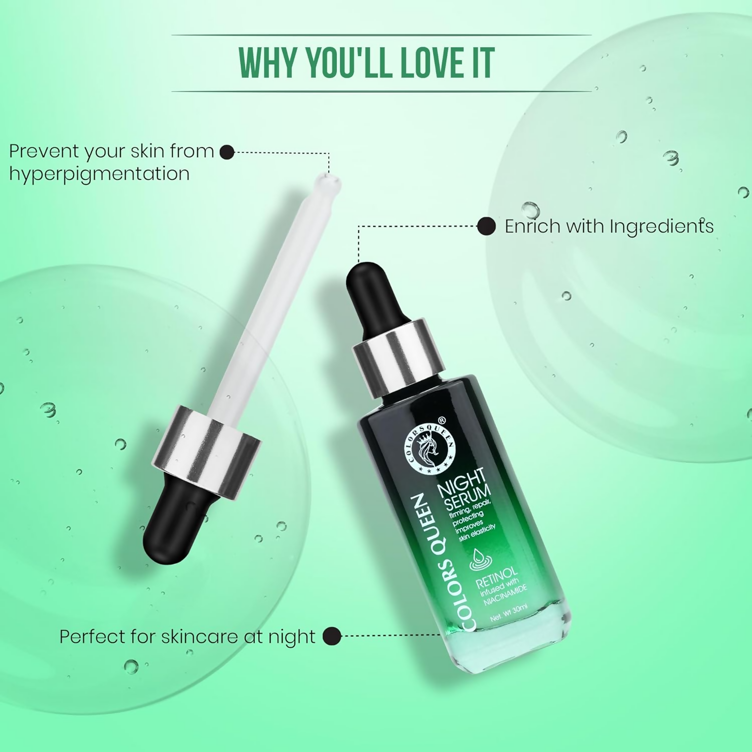 Colors Queen Retinol Night Serum Reduce Fine Lines & Wrinkle | Swadesiicart
