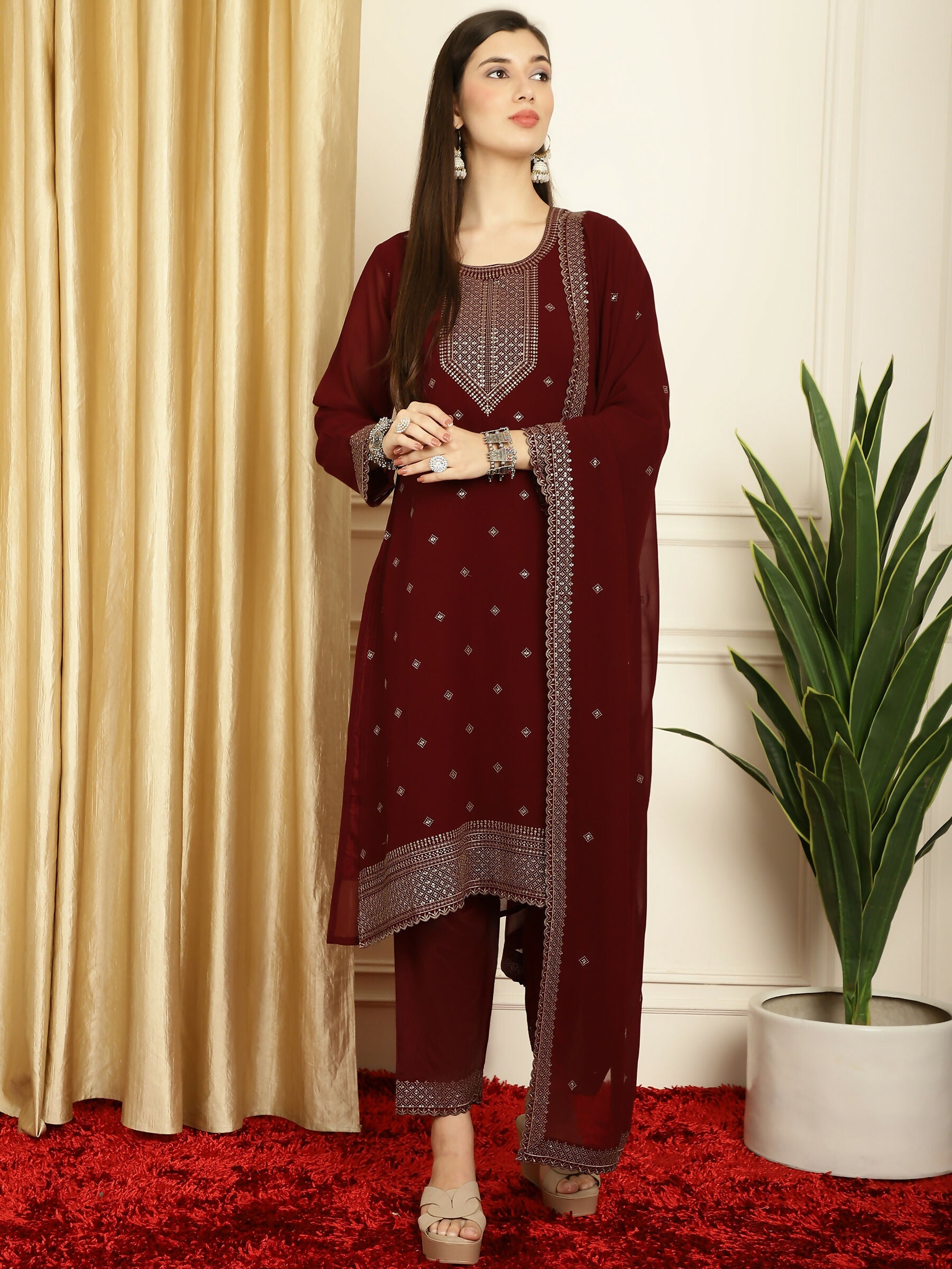 Jyoti Fashion Women's Maroon Georgette Resham Thread & Sequin Kurta with Trouser & Dupatta | Swadesiicart