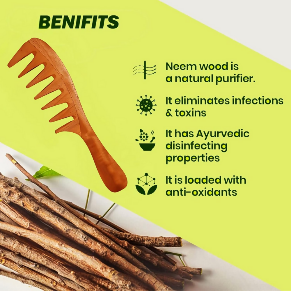 Rufiys Wooden Curly Hair Wide Neem Wood Comb - Swadesiicart