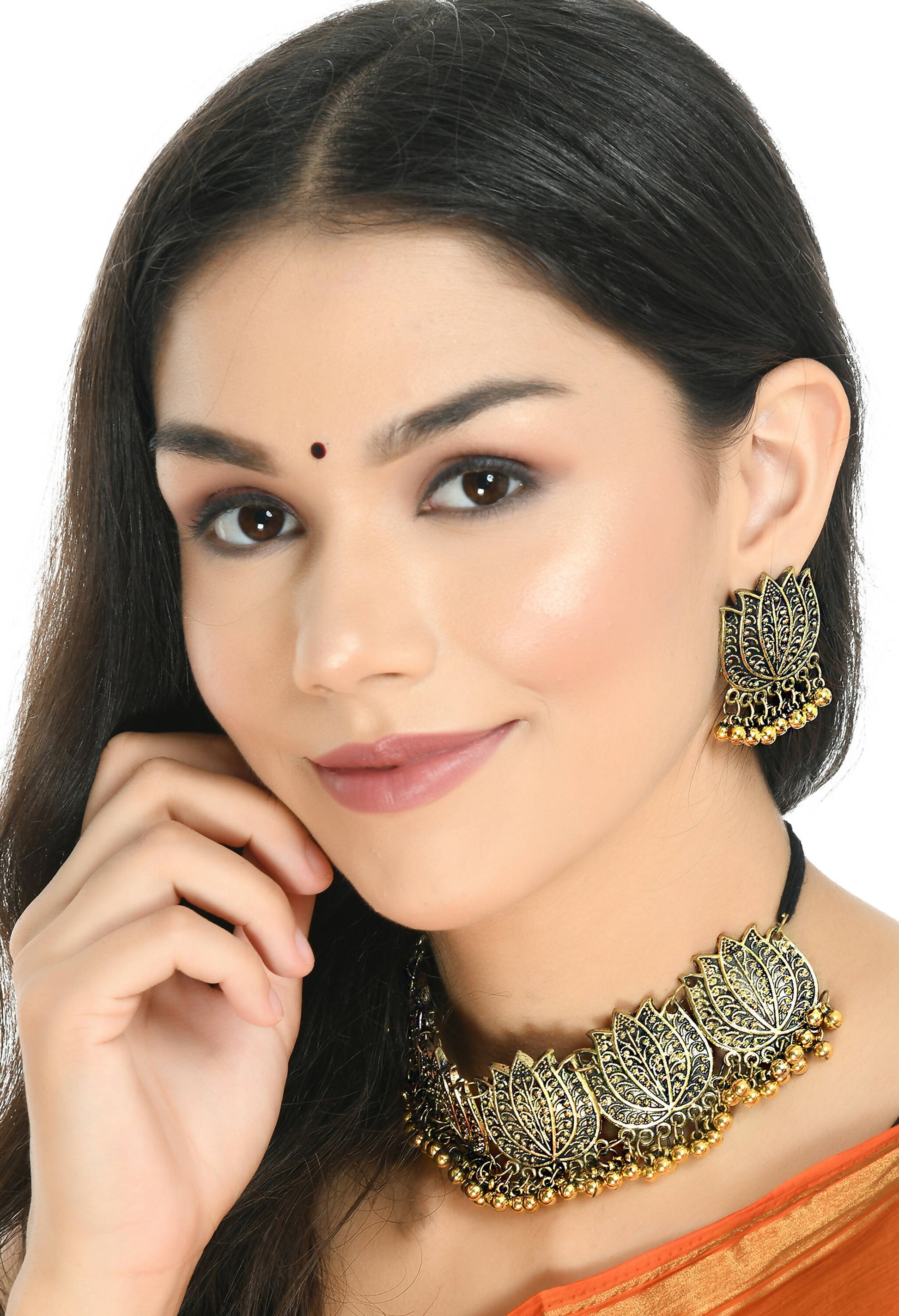 Mominos Fashion Johar Kamal Gold-Polished Brass Finish Lotus Design Choker For Women | Swadesiicart