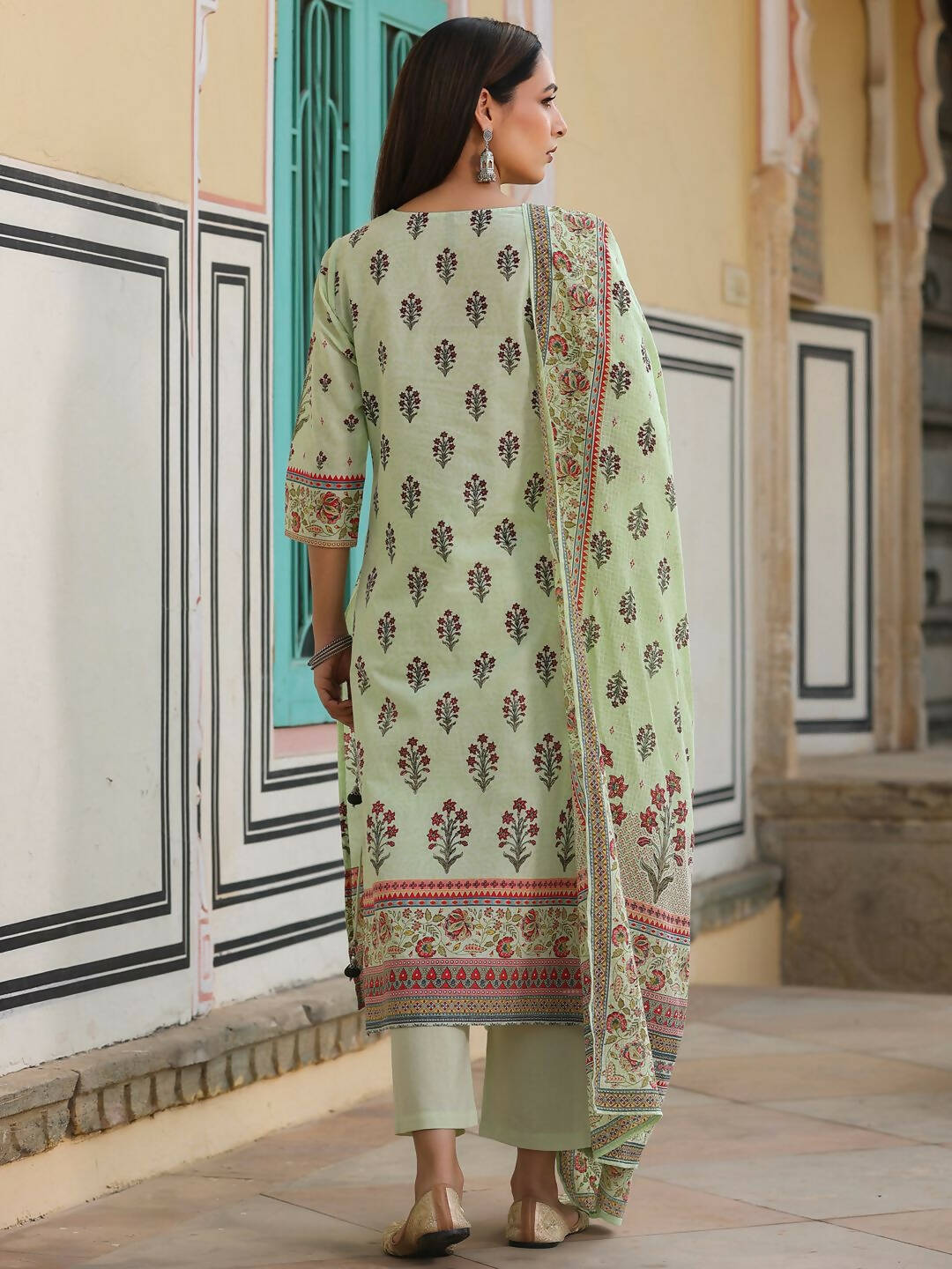 Juniper Women's Lime Green Cambric Floral Placement Printed Straight Fit Kurta Sets | Swadesiicart