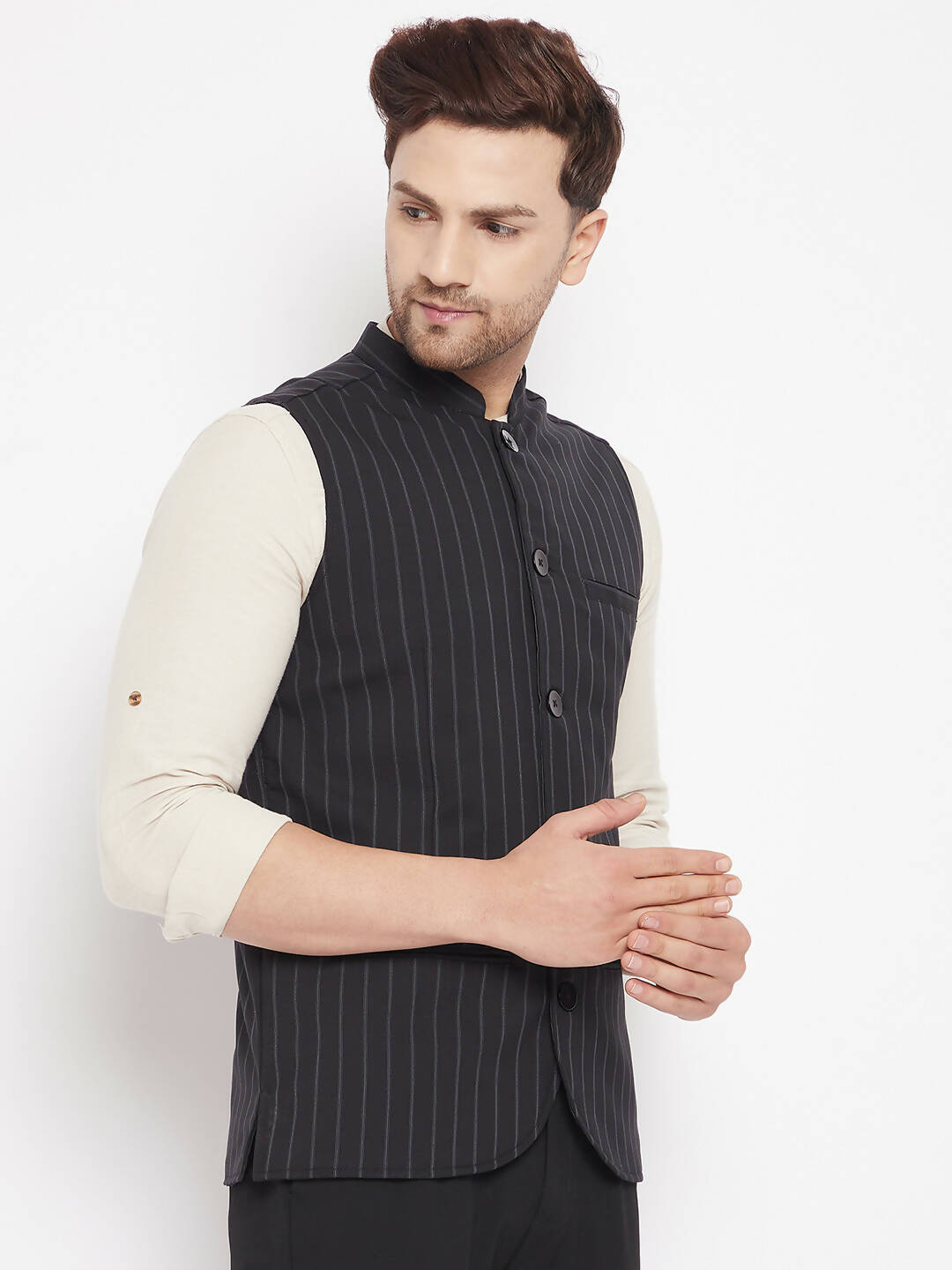 Even Apparels Black Merino Men Woven Nehru Jacket | Swadesiicart
