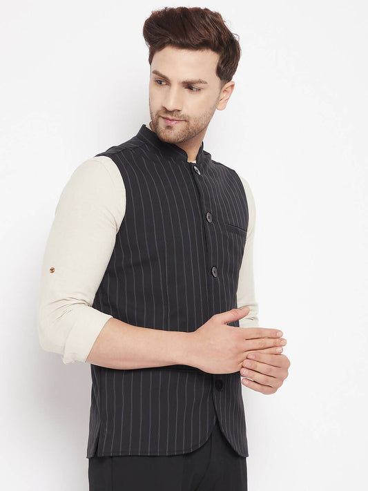 Even Apparels Black Merino Men Woven Nehru Jacket | Swadesiicart