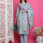 Jyoti Fashion Women's Grey Muslin Floral Print with Jari & Crystal work Kurta with Trouser & Dupatta | Swadesiicart