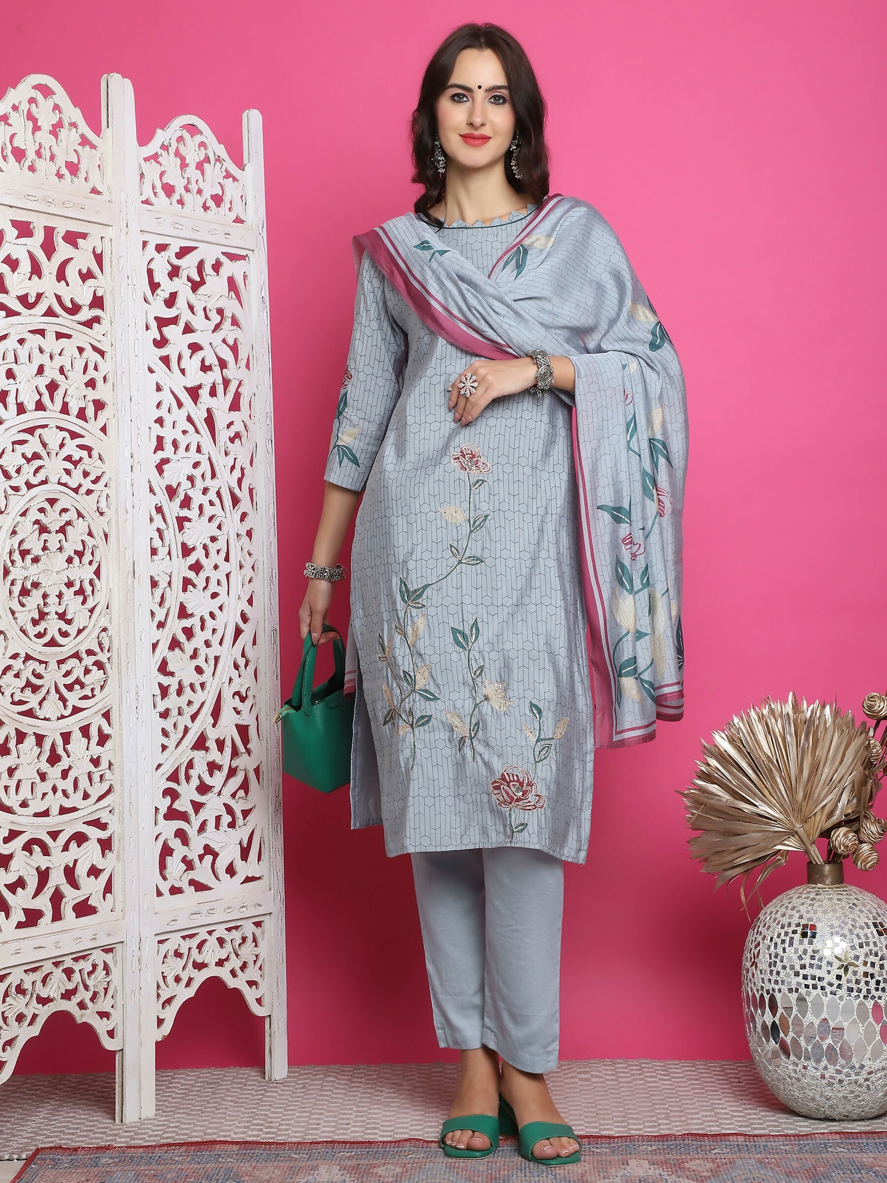 Jyoti Fashion Women's Grey Muslin Floral Print with Jari & Crystal work Kurta with Trouser & Dupatta | Swadesiicart