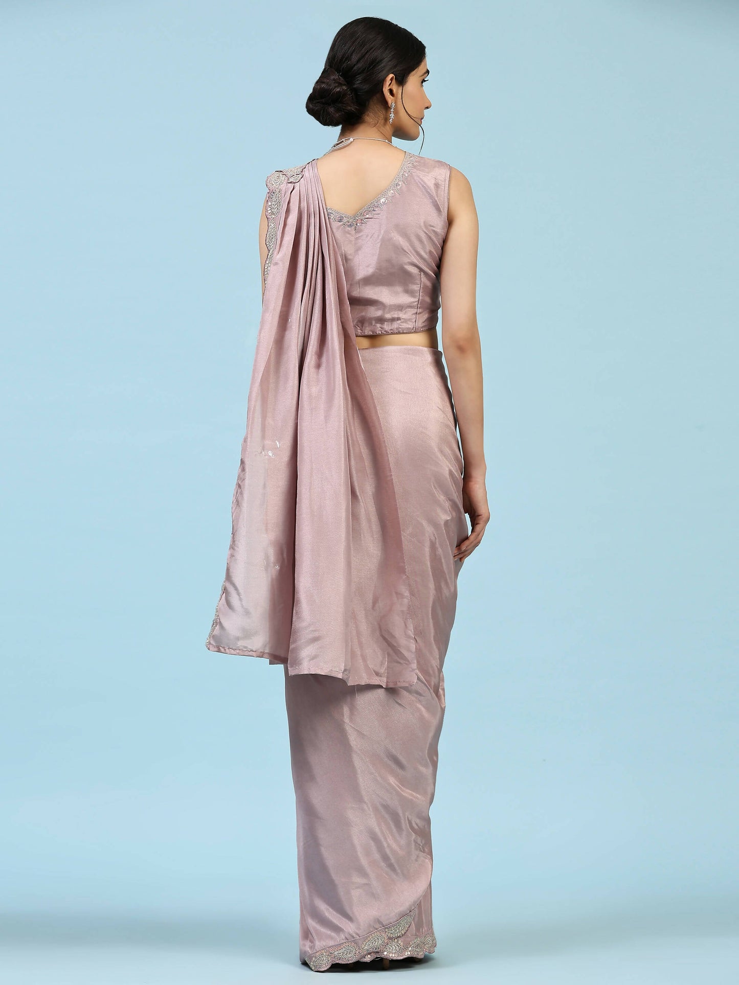 Lavendar Silk Satin Plain Ready to wear Saree with stitched Blouse - Vrinda | Swadesiicart