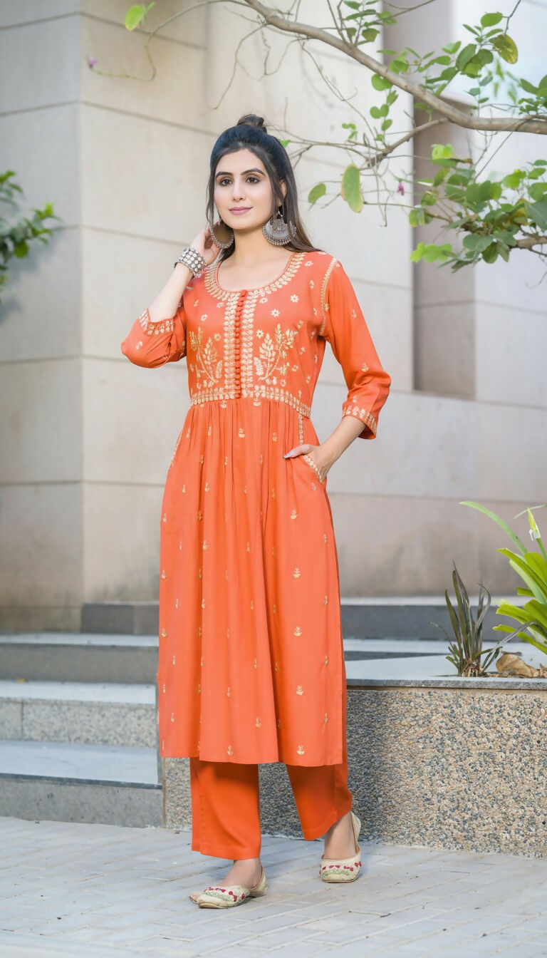 BulBul Meenaxi Rust Rayon Kurta Set - Swadesiicart