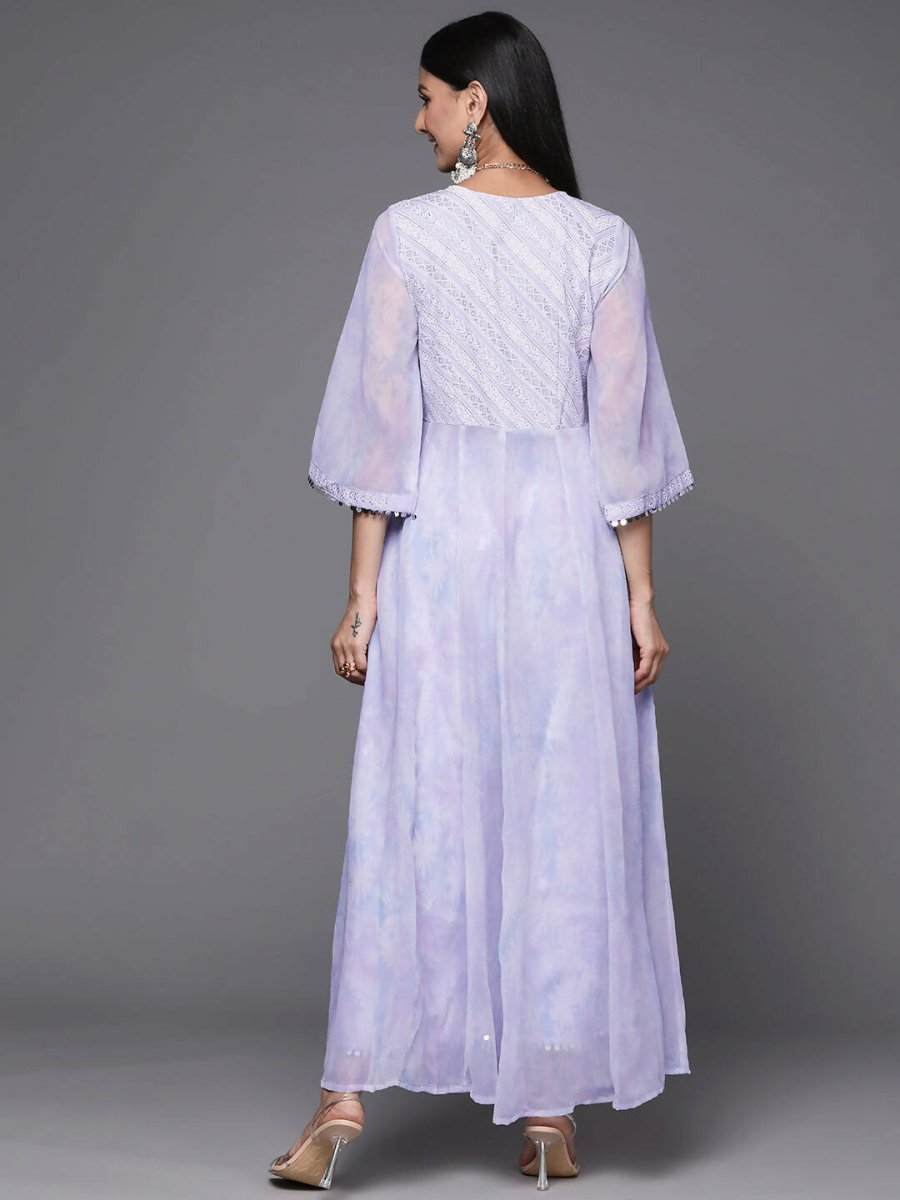 Ahalyaa Lavender & White Floral Printed High Slit Sequined Kurta with Palazzos | Swadesiicart