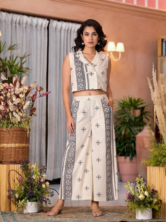 Juniper Women's Natural Ethnic Motif Printed Cotton Top & Palazzo Co-Ord Set With Button Closure - Swadesiicart