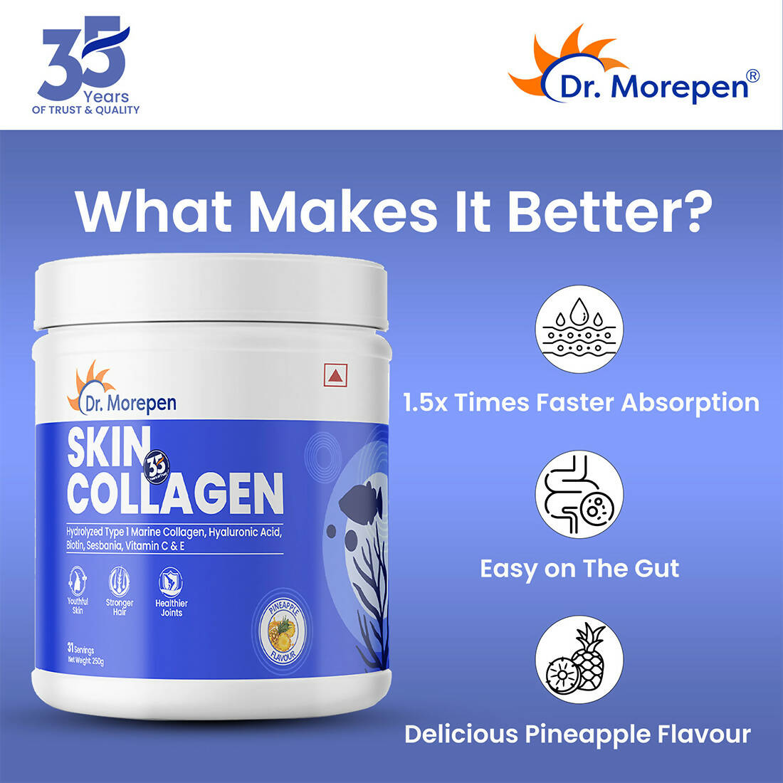 Dr. Morepen Skin Collagen Protein Powder With Hyaluronic Acid, Vitamin C, Sesbania & Biotin - Pineapple Flavour - Swadesiicart