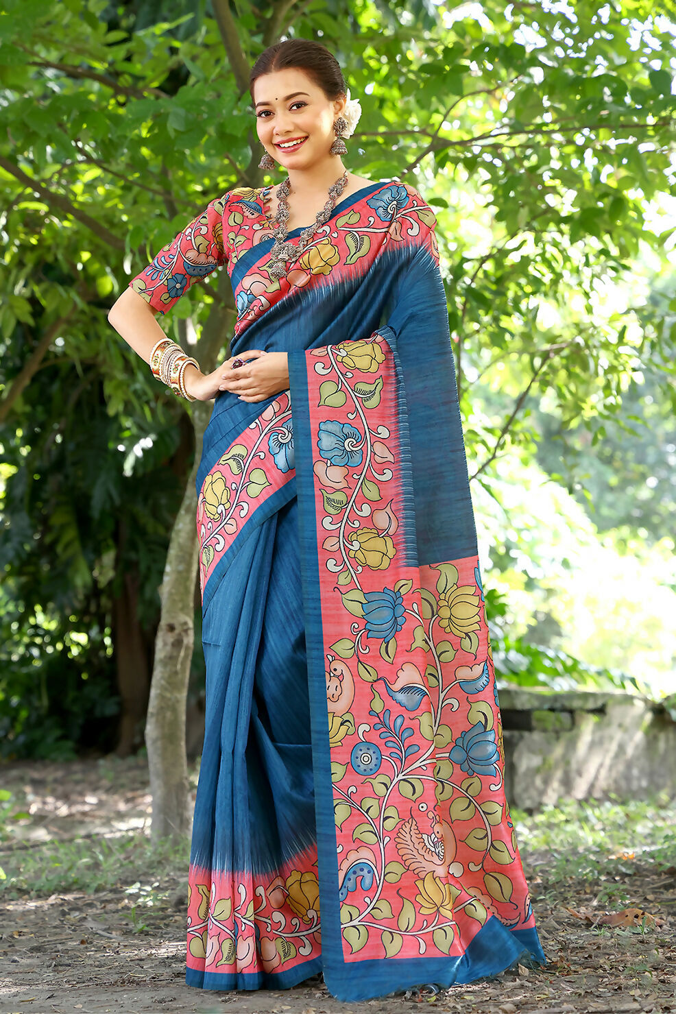 Vishnu Weaves Women's Blue Cotton Silk Woven Saree with Blouse - Swadesiicart