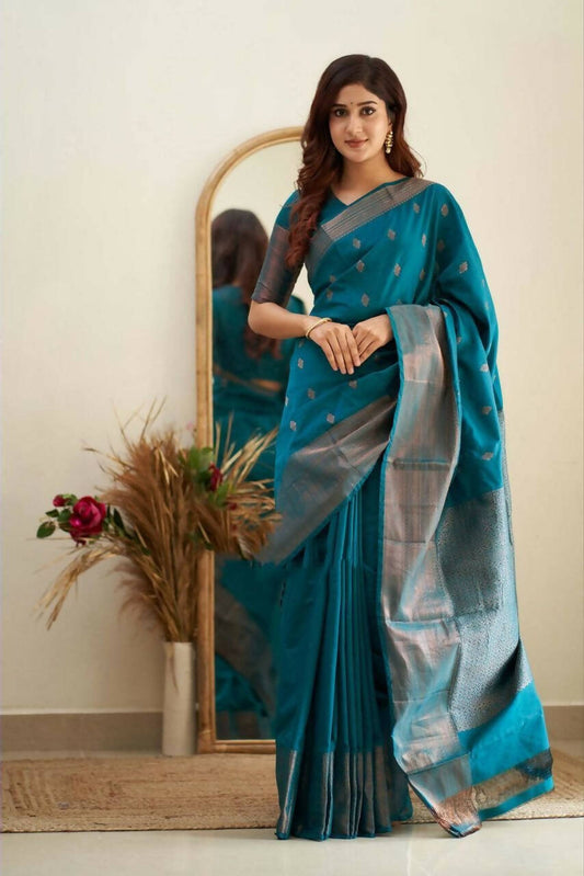 DEIANA'S Beautiful Designer Golden zari Soft Lichi Silk Saree - Firozi - Swadesiicart