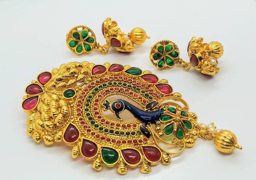 Gold-Polished Multicolor Kemp Peacock Pendant Set | Swadesiicart