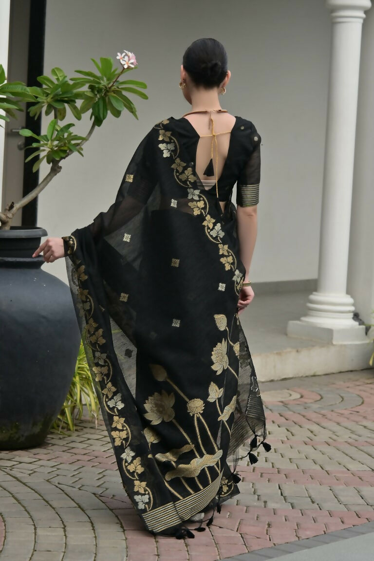 Vishnu Weaves Women's Black Linen Silk Zari Weaving Saree with Blouse - Swadesiicart