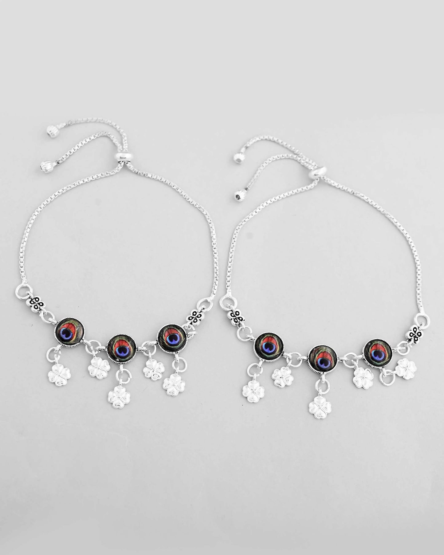 VOJ Set of 2 Silver Plated Peacock Printed HandCrafted Anklet - Swadesiicart