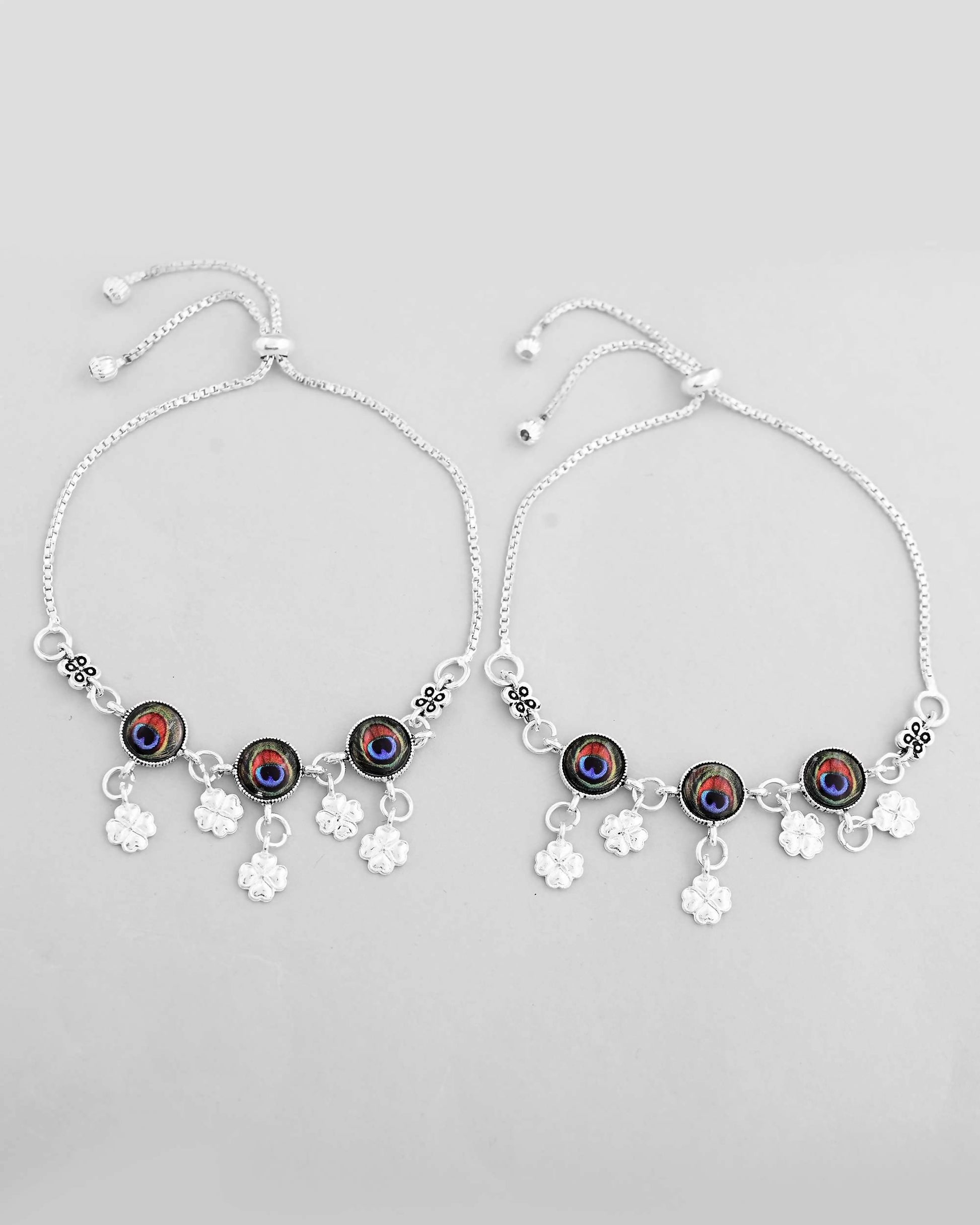 VOJ Set of 2 Silver Plated Peacock Printed HandCrafted Anklet - Swadesiicart