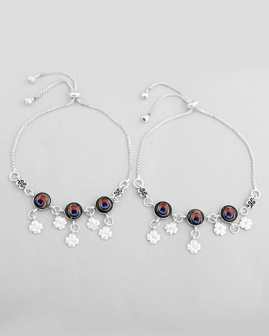 VOJ Set of 2 Silver Plated Peacock Printed HandCrafted Anklet - Swadesiicart