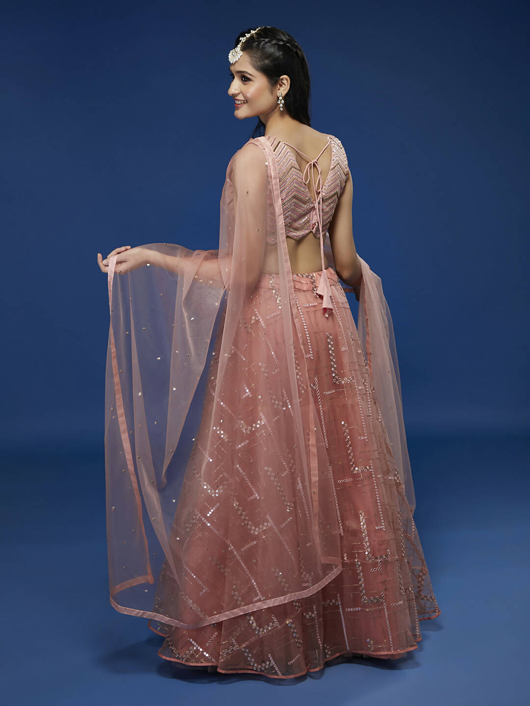 House of Panchhi Peach Net Sequinse Embroidered Lehenga & Blouse with Dupatta | Swadesiicart