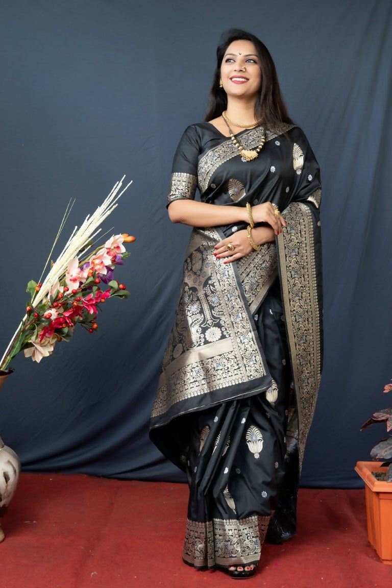 Jyoti Fashion Women's Black Paithani Silk Zari Woven Saree with Blouse | Swadesiicart