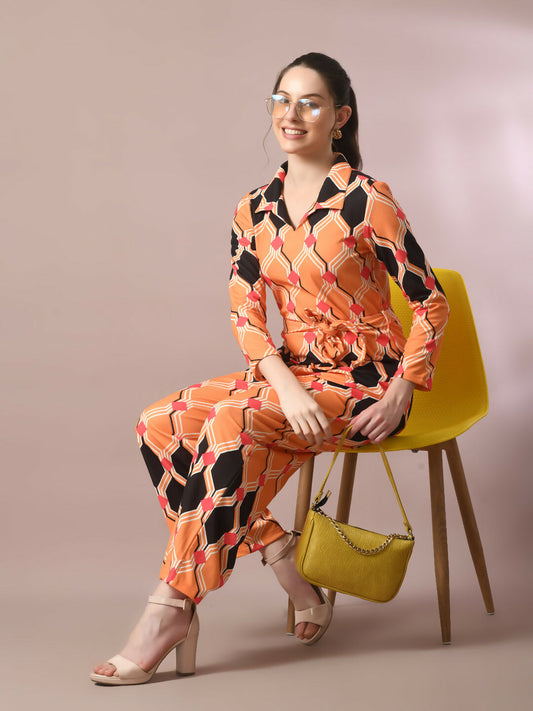 Myshka Women's Multi Printed Polo Collar Party Top With Trousers Co-ord set - Swadesiicart