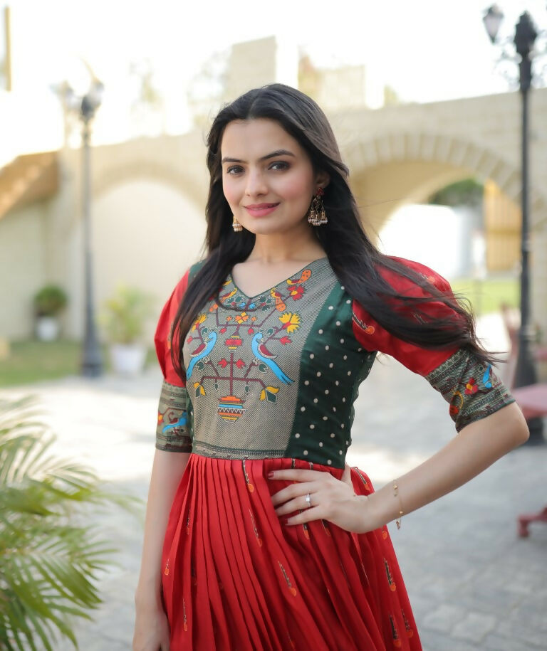 Jyoti Fashion Women's Red Patola with Foil Print Dola Silk Anarkali Dress | Swadesiicart