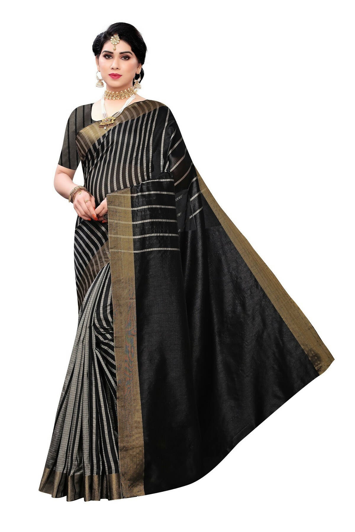 Vamika Black and White Lines Cotton Silk Weaving Saree (Paithani Black) | Swadesiicart