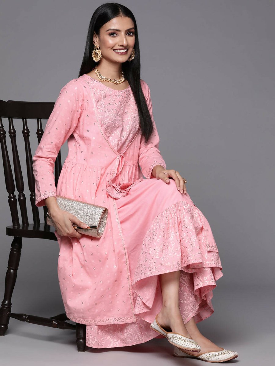 Ahalyaa Pink & Gold Ethnic Printed Layered Front Slit Cotton Anarkali Kurta Palazzos | Swadesiicart