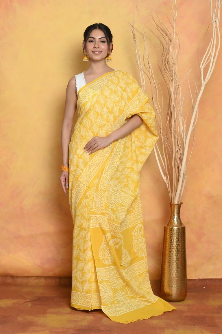 Very Much Indian Handblock Printed Cotton Saree With Natural Dyes - Yellow | Swadesiicart
