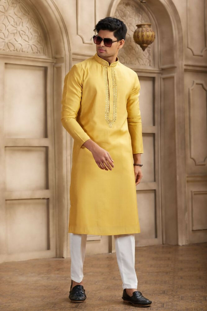 Raivat Ethnic Banarasi Art Silk Mirror Work Kurta Pajama In Rust Colour | Swadesiicart