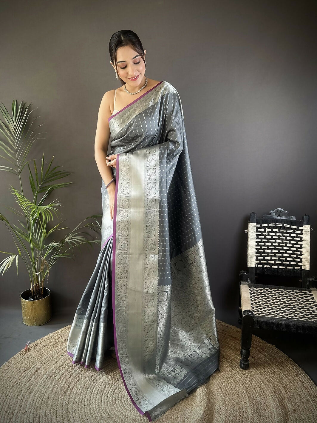 Joban Fashion Grey Small Butti Banarasi Silk Sarees | Swadesiicart