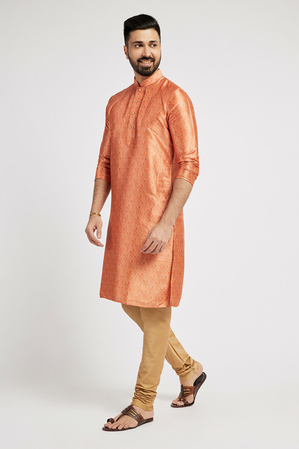 Ethnic India Orange Men's Kurta Bandhani Polyester | Swadesiicart