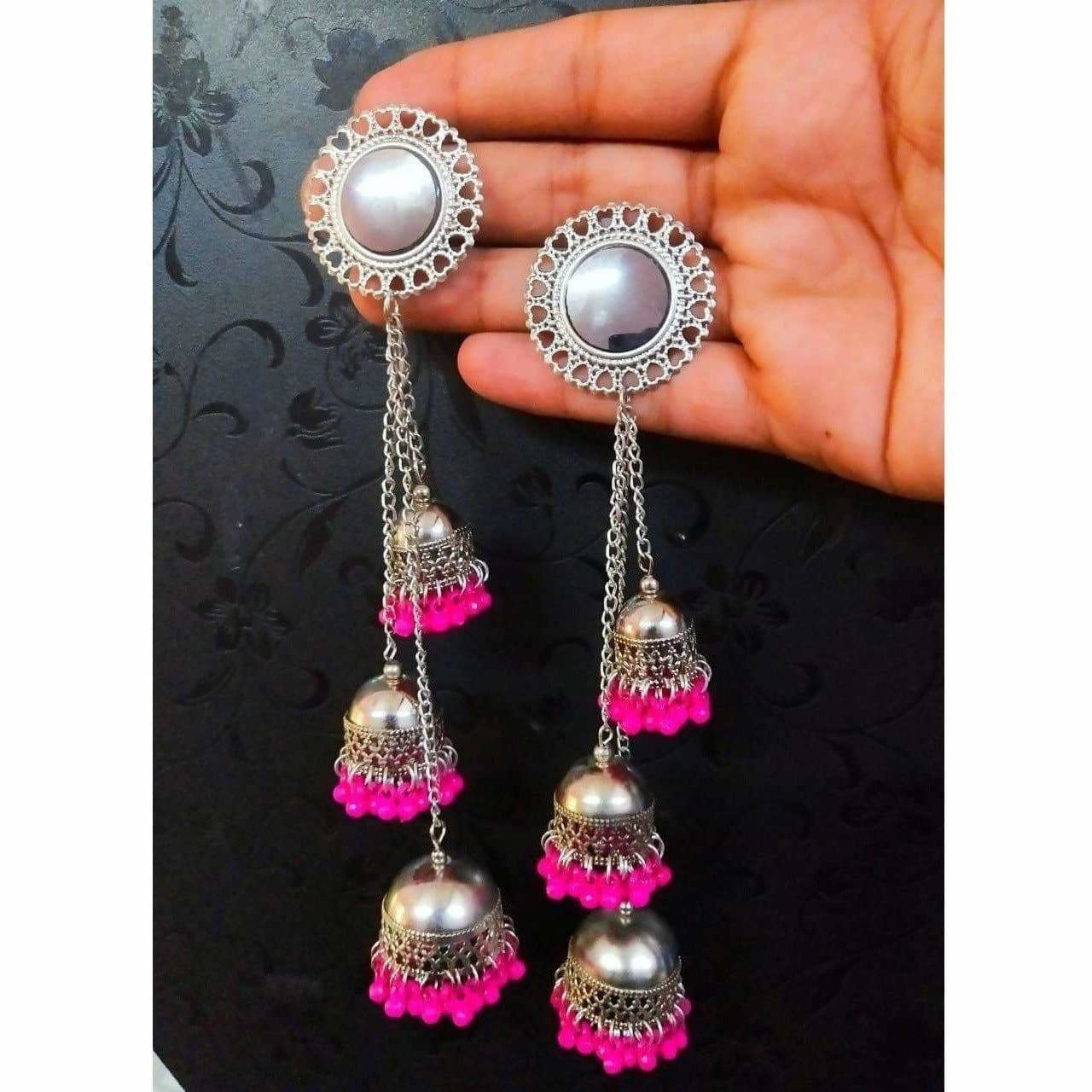 MS Fashion India Kashmiri Triple Hanging Pink Color Pearls Jhumkas | Swadesiicart
