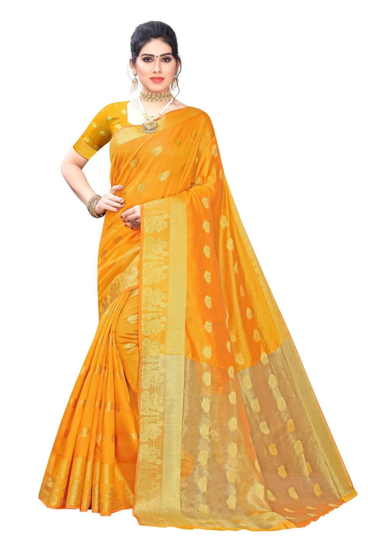 Vamika Banarasi Jacquard Weaving Yellow Saree | Swadesiicart