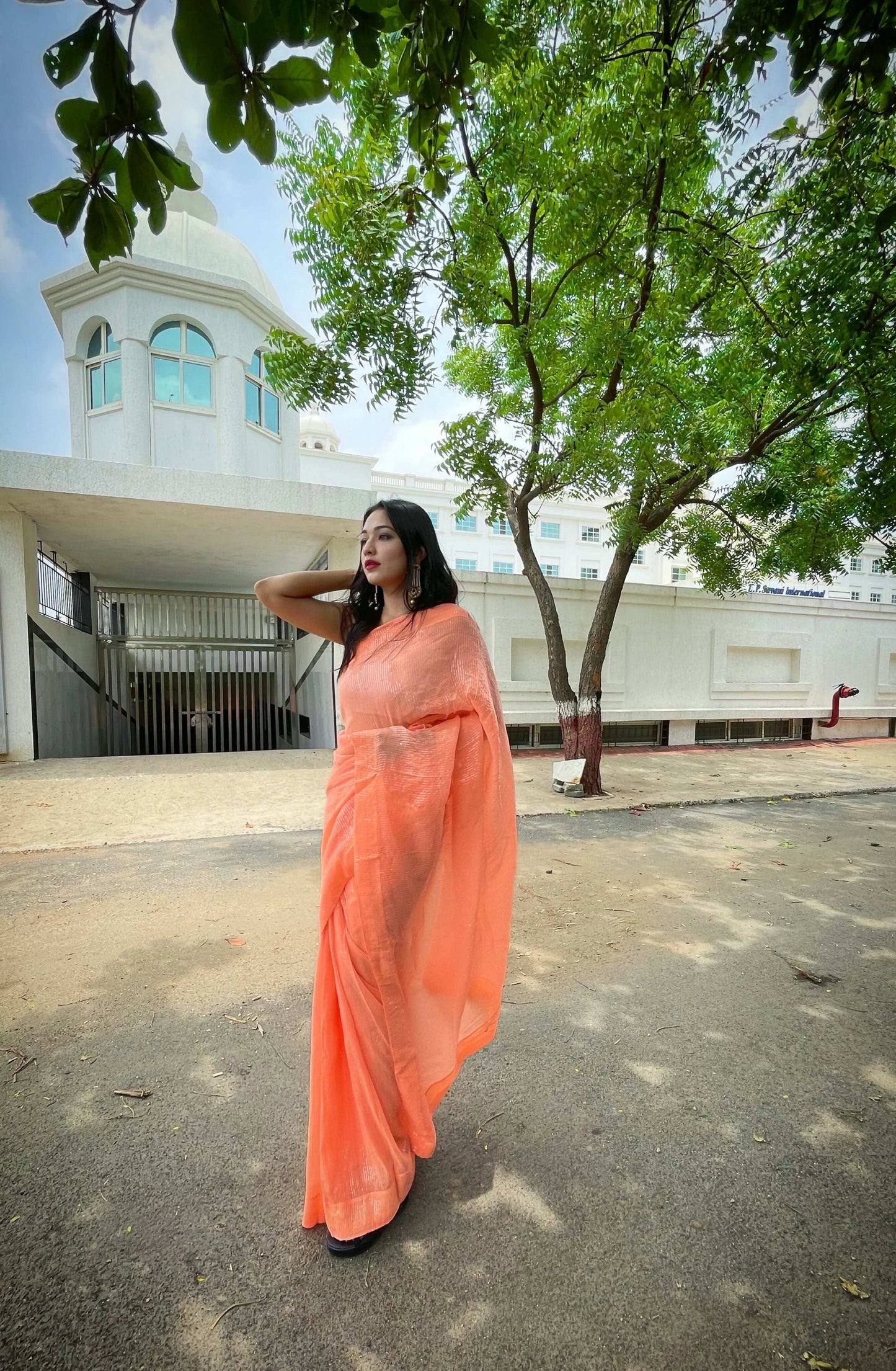 Vamsee Solid Color Sea Orange Georgette Saree - Swadesiicart
