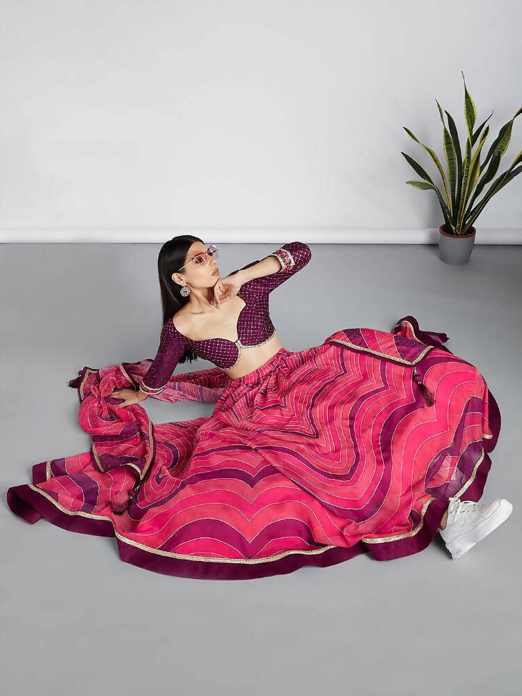 House of Panchhi Rose Organza Siroski Stone Work Leheriya Print Lehenga Choli & Dupatta | Swadesiicart