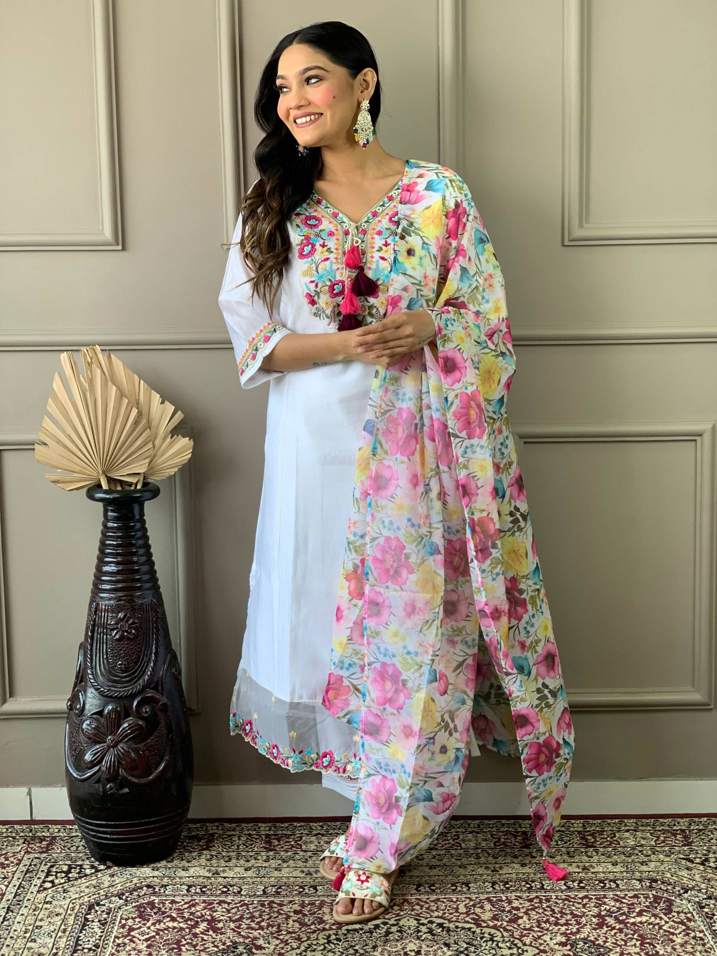 Partywear Designer Chanderi With Cotton Lining White Stitched Suit With Dupatta - Tanisha | Swadesiicart