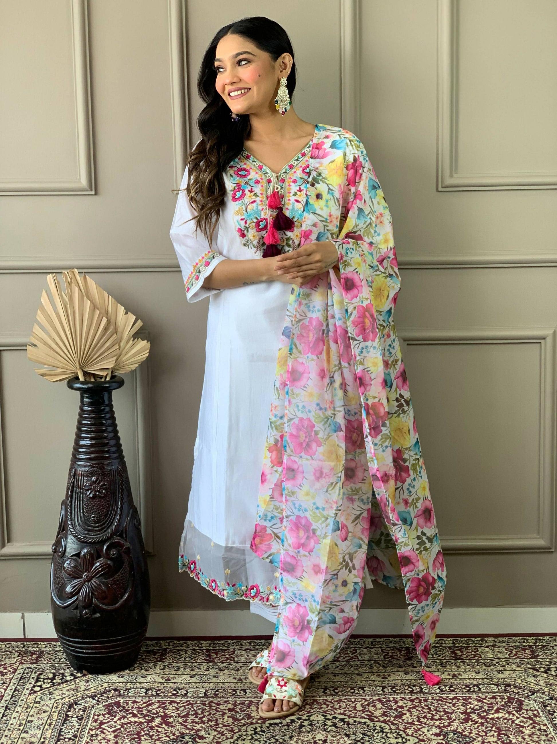 Partywear Designer Chanderi With Cotton Lining White Stitched Suit With Dupatta - Tanisha | Swadesiicart