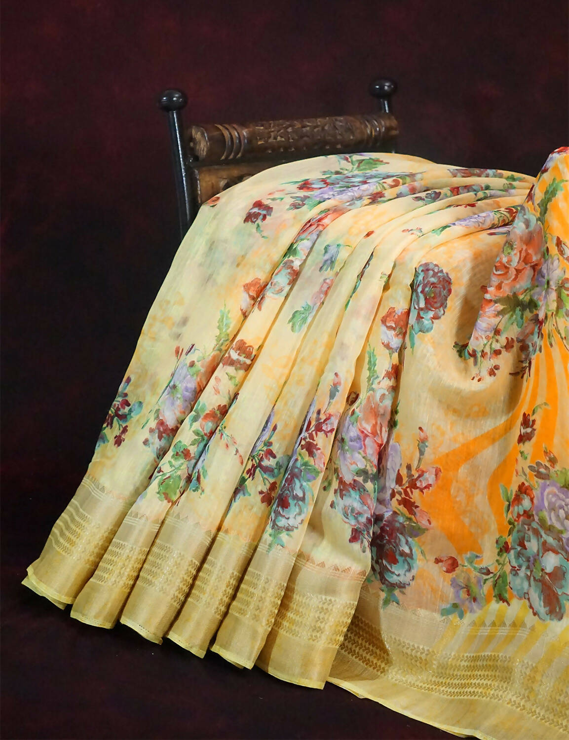 Vibrant Combination Of Light Yellow With Floral Design Semi Chanderi Saree By Gayathri Reddy Designer Studio | Swadesiicart